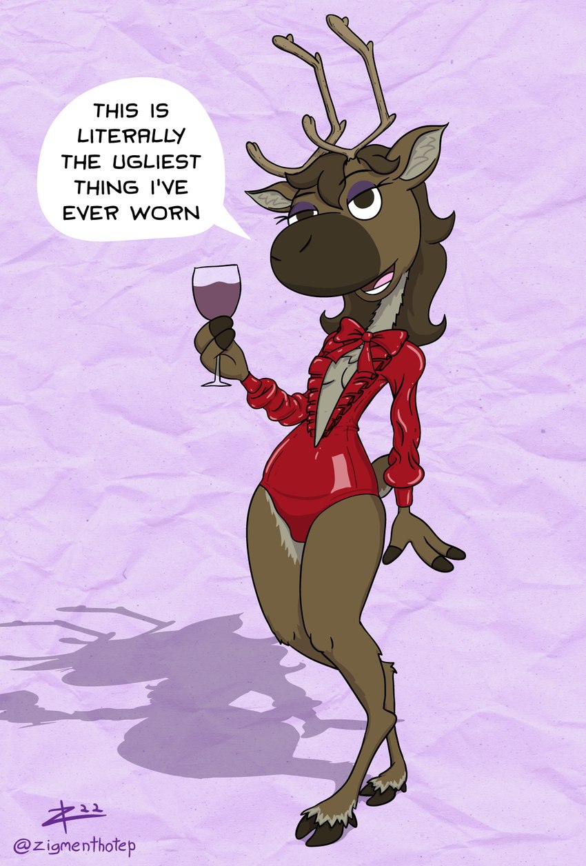 2_toes 3_fingers anthro antlers brown_body brown_eyes brown_fur brown_hair clothing countershading eyeshadow feet female fetishwear fingers fur hair half-closed_eyes holding_wine_glass hooved_fingers hooves horn latex latex_clothing looking_at_viewer makeup narrowed_eyes open_mouth purple_background purple_eyeshadow red_clothing simple_background solo speech_bubble tan_body tan_countershading text textured_background toes toony zigmenthotep deer mammal new_world_deer reindeer 2022 cel_shading digital_drawing_(artwork) digital_media_(artwork) english_text hi_res shaded signature