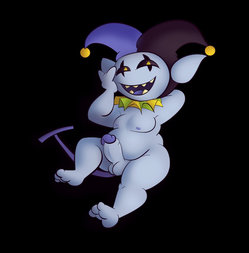 anthro balls clothing genitals hat headgear headwear looking_at_viewer male nipples penis slightly_chubby slightly_chubby_male solo fuzefurry deltarune undertale_(series) jevil_(deltarune) darkner imp absurd_res alpha_channel hi_res