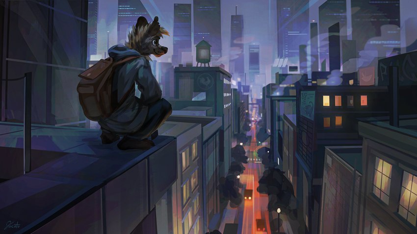 anthro backpack barefoot billboard biped black_nose bottomwear brown_eyes building car city clothed clothing crouching dark detailed_background ear_piercing feet fully_clothed head_tuft headlights high_place hoodie light lo-fi male neck_tuft night number on_roof outside pants perspective piercing prick_ears road rooftop skyscraper smile smoke solo speedpaint street street_lamp taillights topwear tuft vehicle water_tower window jacato four_(foursomereason1) armadillo avian bird chicken galliform gallus_(genus) mammal phasianid procyonid raccoon xenarthran 16:9 2021 absurd_res digital_media_(artwork) hi_res lighting signature widescreen