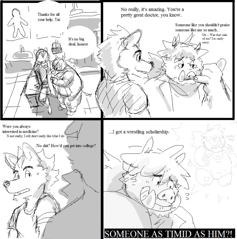 anthro anthro_on_anthro dialogue duo male slightly_chubby speech_bubble text wrestling_singlet anothermeekone chariot jack_jones tai_shoku canid canine canis mammal suid suine sus_(pig) wild_boar wolf comic english_text monochrome