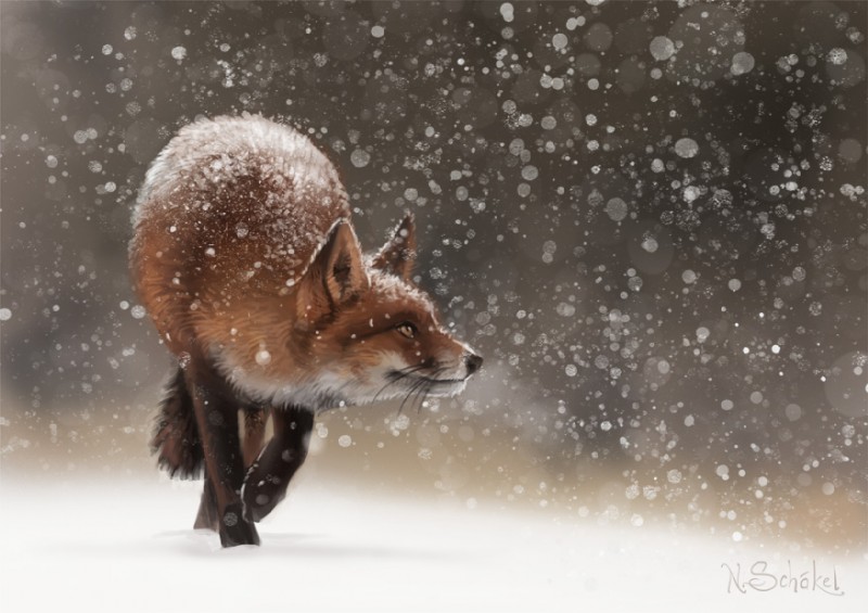 ambiguous_gender feral fog outside photorealism prowling simple_background snow snowing solo speedpainting walking yellow_eyes pechschwinge canid canine fox mammal