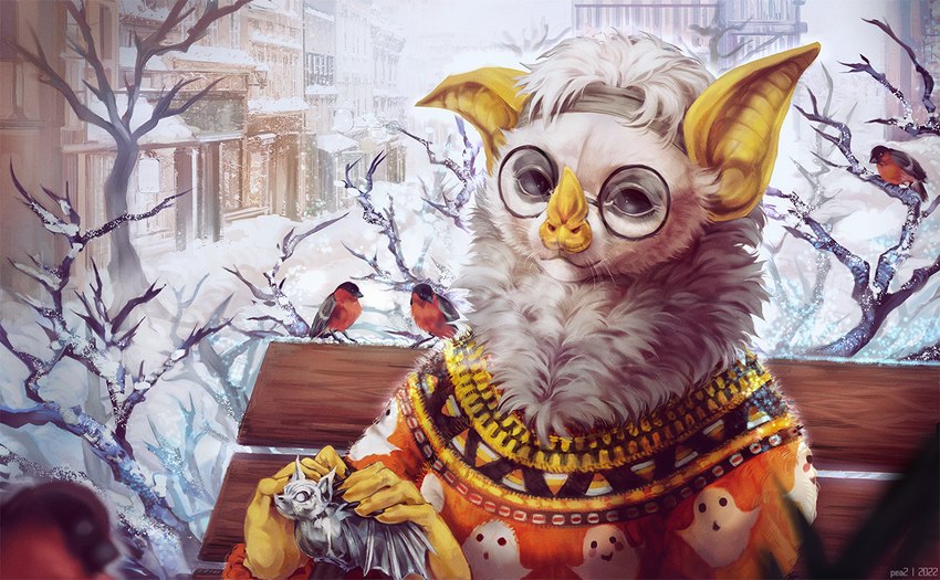 ambiguous_gender anthro bench black_eyes building clothed clothing detailed_background eyewear feral fur glasses hair holding_object humanoid_hands neck_tuft outside plant realistic round_glasses snow solo sweater topwear town tree tuft whiskers white_body white_fur white_hair winter yellow_ears yellow_hands yellow_nose pea2 american_robin avian bat bird honduran_white_bat leaf-nosed_bat mammal microbat oscine passerine robin_(bird) thrush_(bird) true_thrush yangochiropteran 2022 artist_name digital_media_(artwork)