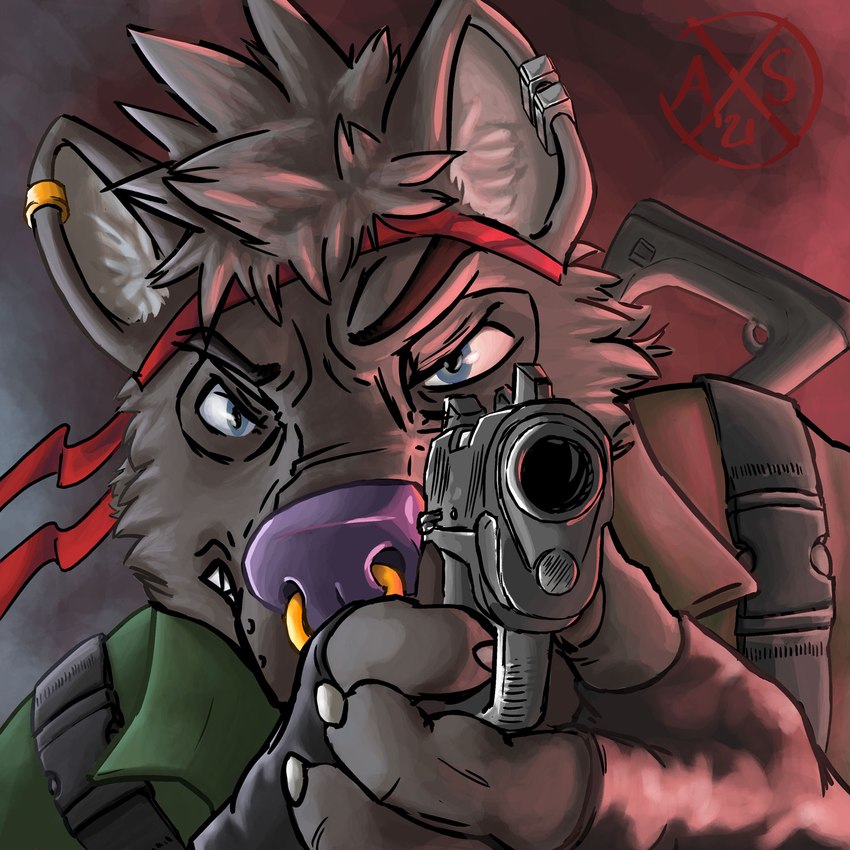 accessory angry anthro claws clothed clothing ear_piercing facial_piercing fur gloves grey_body grey_fur gun handgun handwear headband looking_at_viewer male military military_jacket nose_piercing nose_ring piercing pistol ranged_weapon rifle ring_piercing solo weapon alphasabre sabre_(sabrethewolf) canid canine canis mammal wolf 1:1 2021 digital_media_(artwork) hi_res icon