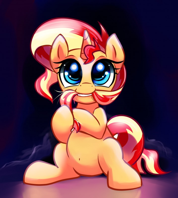 blonde_hair blue_eyes eating_hair female feral hair horn looking_up red_hair sitting solo gsphere equestria_girls hasbro my_little_pony mythology sunset_shimmer_(eg) equid equine mammal mythological_creature mythological_equine unicorn 2014 absurd_res hi_res