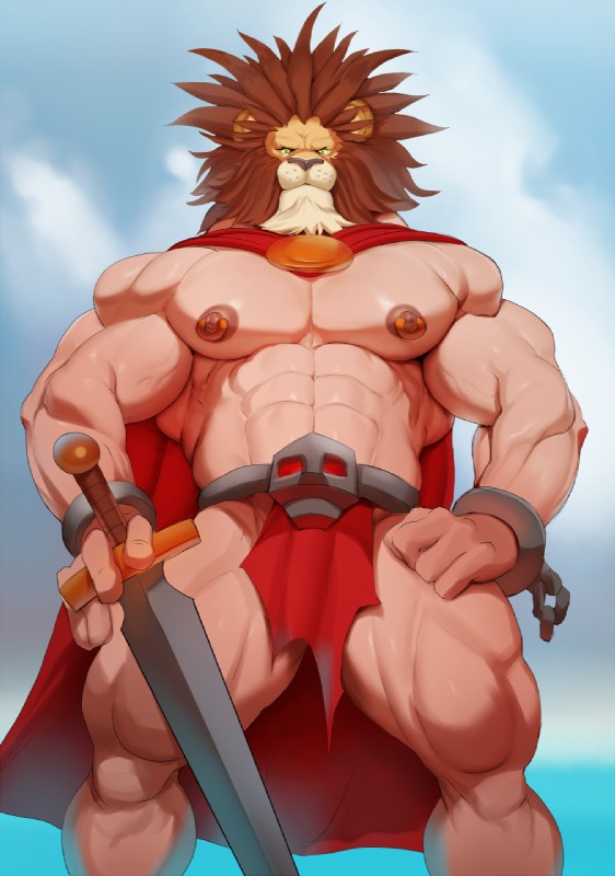 anthro bottomwear cape clothing cloud for_a_head loincloth looking_at_viewer male melee_weapon muscular muscular_anthro muscular_male nipple_piercing nipples pecs piercing solo standing sword weapon justmegabenewell red_earth leo_(red_earth) animal_head animal_humanoid felid humanoid lion mammal pantherine hi_res