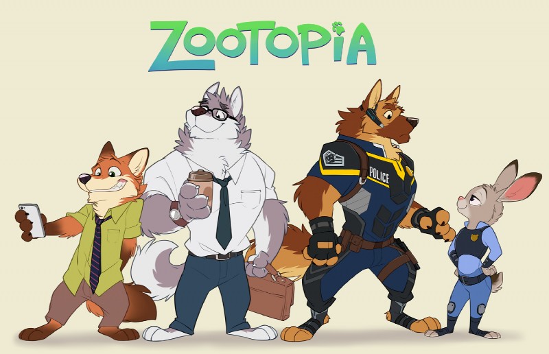 judy hopps, mr. wolf, nick wilde, and officer benson (apple inc. and etc) created by takemoto arashi