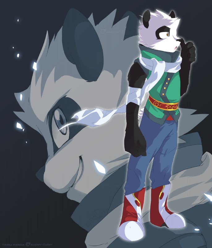 5_fingers anthro biped black_body black_fur black_nose boots bottomwear clothed clothing fingers footwear fully_clothed fur male open_mouth orange_eyes outline pants scarf shoes smile solo standing white_body white_fur zoom_layer super-tuler tairu bear giant_panda mammal cel_shading hi_res shaded