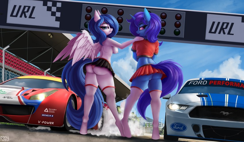 anthro bottomwear breasts burnout butt car clothed clothing duo female female/female footwear furgonomics genitals horn looking_at_viewer nipples no_underwear pussy race_queen race_track skirt smoke socks tail tail_through_skirt topless underwear upskirt vehicle wings lightly-san ferrari ford ford_mustang hasbro my_little_pony mythology delly graceful_motion equid equine horse mammal mythological_creature mythological_equine pegasus pony unicorn digital_media_(artwork) hi_res shaded