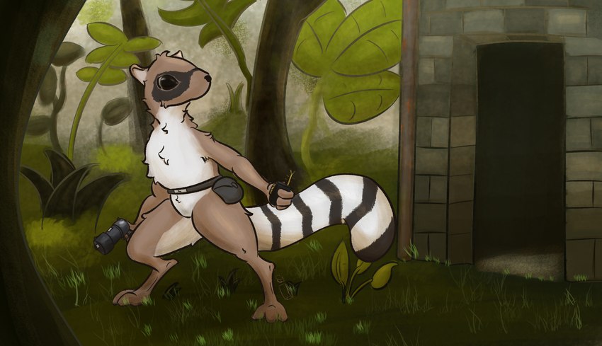 ambiguous_gender anthro barefoot belt brick building detailed_background feet forest fur gun holding_gun holding_object holding_ranged_weapon holding_weapon nude plant pouch_(clothing) ranged_weapon solo standing tail tree tuft wall_(structure) weapon brick_(artist) the_nature_of_predators alien mammal pyrocyonidae digital_media_(artwork) hi_res