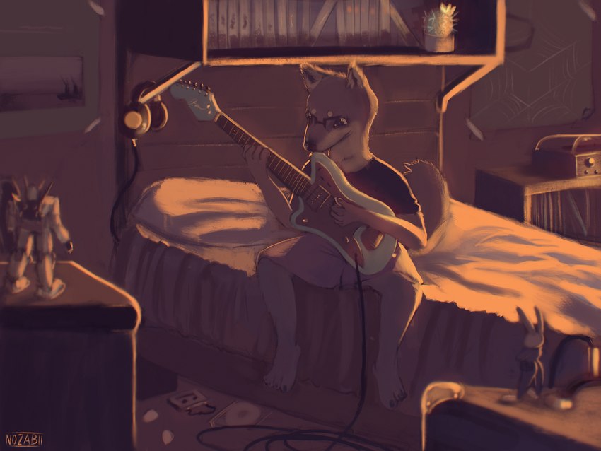 anthro bed bedroom bookshelf bottomwear clothing electric_guitar electronics eyewear furniture glasses guitar guitar_pick guitarist headphones holding_object inside male music musical_instrument musician playing_guitar playing_music plucked_string_instrument record_player shirt shorts solo string_instrument topwear nozabii disney fender_musical_instruments_corporation gundam stratocaster zootopia judy_hopps canid canine canis domestic_dog mammal shiba_inu spitz 4:3 absurd_res digital_media_(artwork) hi_res