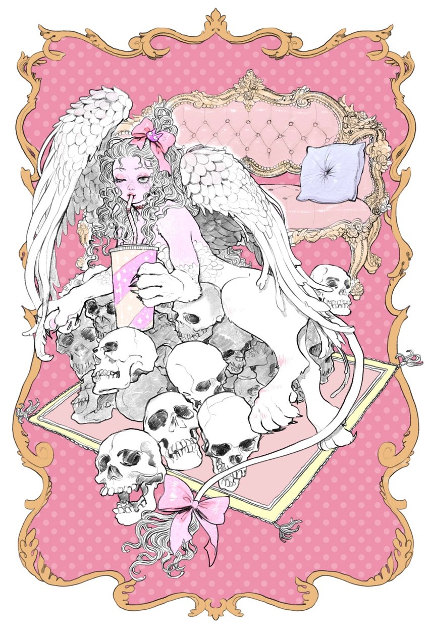 accessory bone bow_ribbon choker claws container cup cushion disposable_cup drinking drinking_straw feathers female furniture hair_accessory hair_bow hair_ribbon humanoid_face jewelry lying necklace one_eye_closed pawpads paws pink_body pink_pawpads pink_rug pink_skin ribbons rug simple_background skull sofa solo white_background white_body white_feathers white_wings wings wink trungle mythology felid humanoid mammal mythological_creature mythological_sphinx hi_res