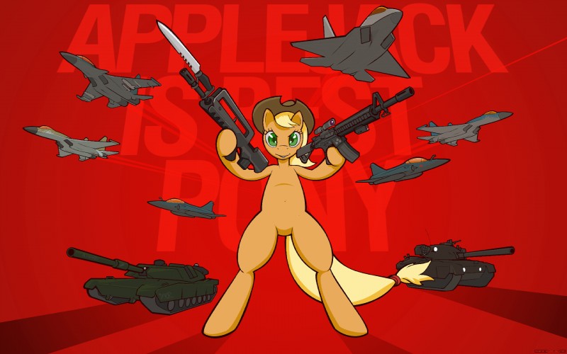 aircraft airplane ar-15 assault_rifle bayonet best_pony blonde_hair clothing cowboy_hat f-22 f15 famas female feral green_eyes gun hair hat headgear headwear holding_gun holding_object holding_ranged_weapon holding_weapon jet_fighter knife leclerc m16 m1_abrams m60_patton mirage_(aircraft) mirage_2000 quadruped ranged_weapon rifle simple_background solo standing su-33 su-35 tank text vehicle weapon yeehaw darkdoomer friendship_is_magic hasbro my_little_pony sukhoi applejack_(mlp) equid equine horse mammal pony 16:10 english_text full-length_portrait hi_res portrait wallpaper widescreen