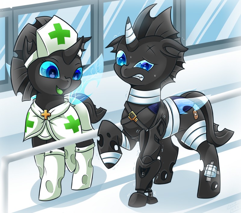 bandage bionic_leg bionics cybernetic_leg cybernetic_limb cybernetics duo female feral machine male nurse therapy vavacung friendship_is_magic hasbro my_little_pony arthropod changeling 2016 hi_res