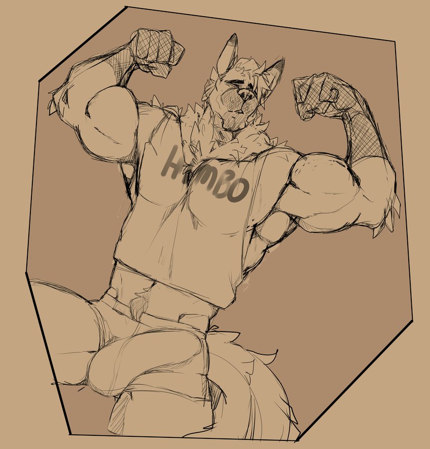 anthro biceps bulge clothed clothing detailed_bulge flexing genital_outline male muscular muscular_male penis_outline shirt solo tank_top topwear donlemurejo eloy_cooper canid canine canis domestic_dog german_shepherd herding_dog mammal pastoral_dog himbo absurd_res hi_res monochrome