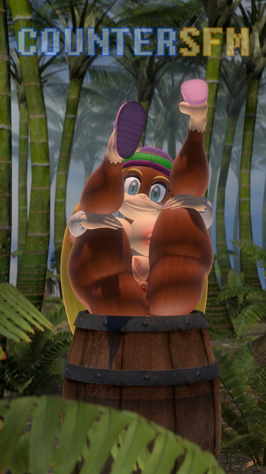 anthro anus barrel big_breasts blonde_hair blue_eyes breasts brown_body brown_fur clothing female footwear forest fur genitals hair holding_both_legs holding_legs_up jungle legs_in_air nipple_piercing nipples on_barrel piercing plant pussy sandals shoes smile solo tree countersfm donkey_kong_(series) nintendo tiny_kong haplorhine mammal monkey primate 3d_(artwork) 9:16 digital_media_(artwork) hi_res source_filmmaker_(artwork)