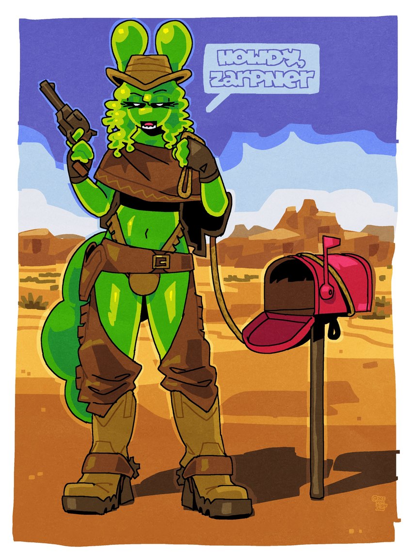 anthro boots clothing cowboy detailed_background female footwear gun handgun mailbox male ranged_weapon revolver shoes solo speech_bubble standing text weapon accentaigu_tw lagomorph leporid mammal rabbit absurd_res english_text hi_res