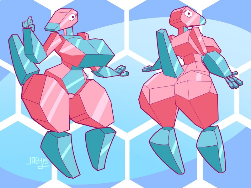 anthro artificial_intelligence big_breasts big_butt breasts butt eyelashes female huge_breasts machine pokemorph simple_background solo wide_hips jaeh nintendo pokemon digital_creature generation_1_pokemon pokemon_(species) porygon robot 4:3 hi_res