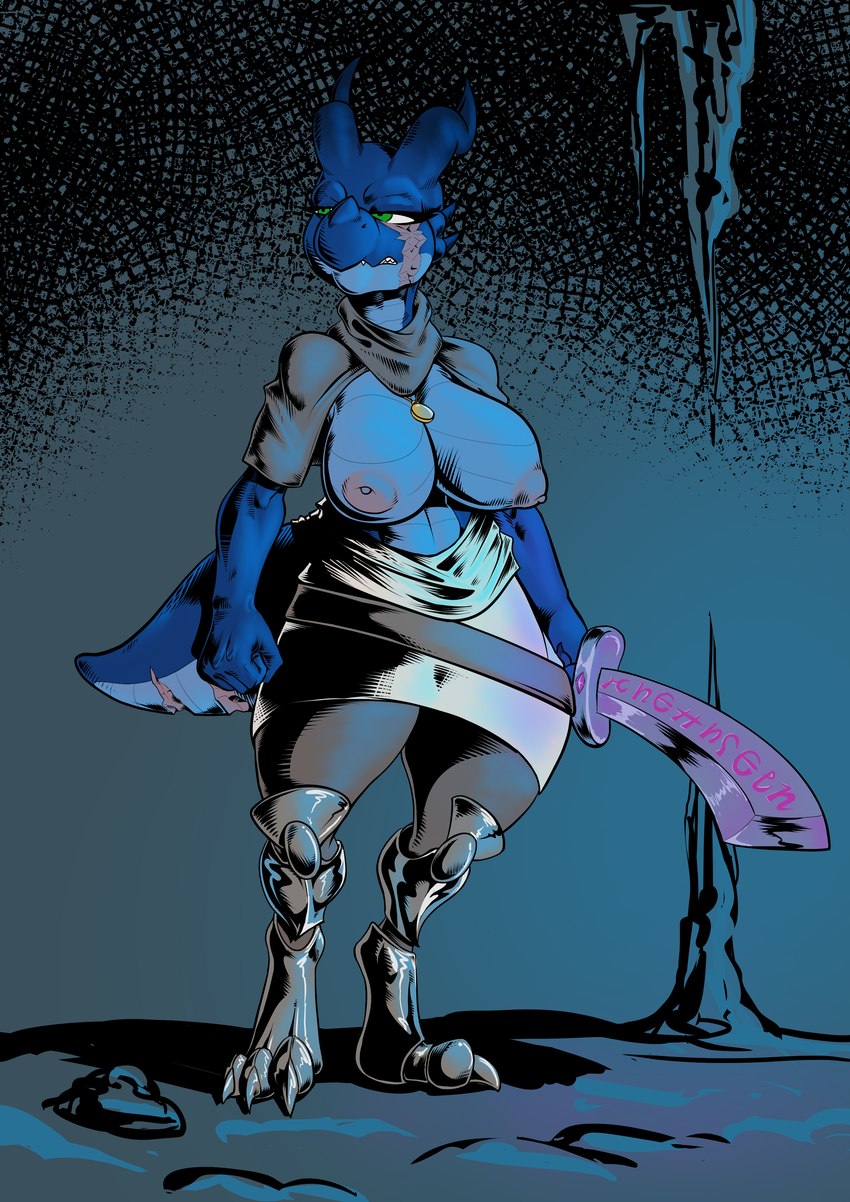 anthro armor big_breasts breasts claws clothing female horn melee_weapon scar short_stack simple_background solo sword tail text thick_thighs weapon lugen_kobold leo_(nutty_butty) humanoid kobold scalie absurd_res english_text hi_res