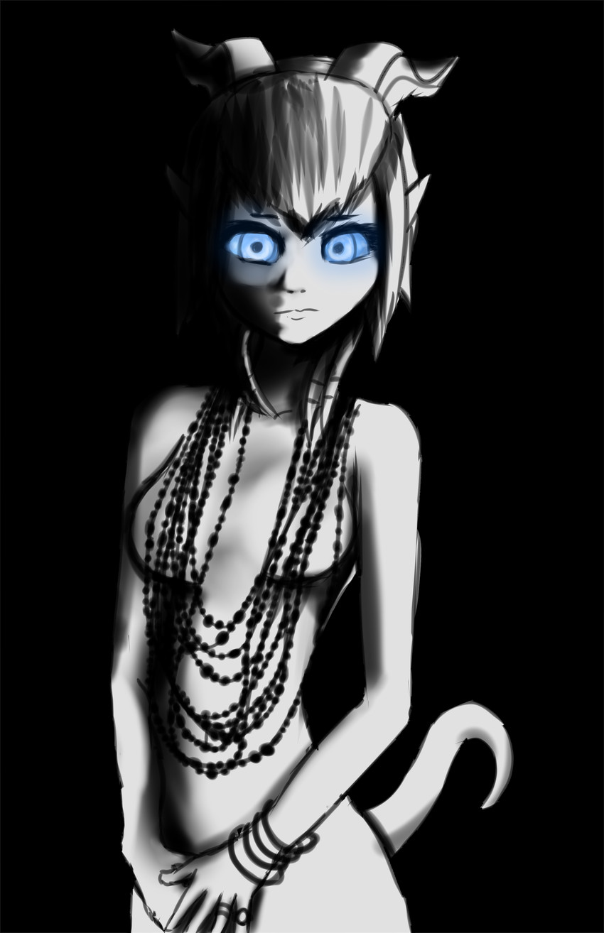 beaded_jewelry beaded_necklace beads black_background bracelet breasts covered_nipples covering covering_self dim_lighting female glowing glowing_eyes horn janice_joplin_reference jewelry navel necklace pose ring simple_background solo standing tail tendrils fluorite blizzard_entertainment warcraft monara draenei horned_humanoid humanoid tailed_humanoid absurd_res digital_media_(artwork) half-length_portrait hi_res portrait shaded