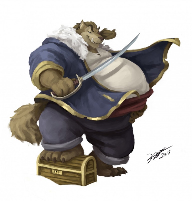 anthro barefoot belly belly_overhang big_belly biped brown_body brown_fur brown_hair claws clothed clothing cutlass ear_piercing feet fur hair hand_on_belly holding_melee_weapon holding_object holding_sword holding_weapon male melee_weapon obese obese_anthro obese_male overweight overweight_anthro overweight_male piercing pirate ponytail sash simple_background smile solo step_pose sword toe_claws treasure_chest weapon white_background kygen blizzard_entertainment warcraft cedric_galloway canid mammal werecanid werecreature worgen hi_res