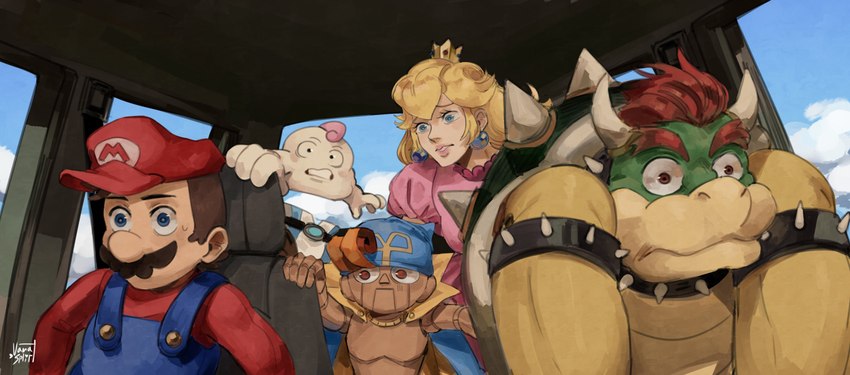 anthro car car_interior clothed clothing female group hair hat headgear headwear inside_car inside_vehicle male shocked simple_background vehicle vanasplity big_hero_6 disney mario_bros nintendo super_mario_rpg_legend_of_the_seven_stars bowser geno_(mario) mallow_(mario) mario princess_peach animate_inanimate human mammal nimbus_(mario) scalie absurd_res digital_media_(artwork) hi_res