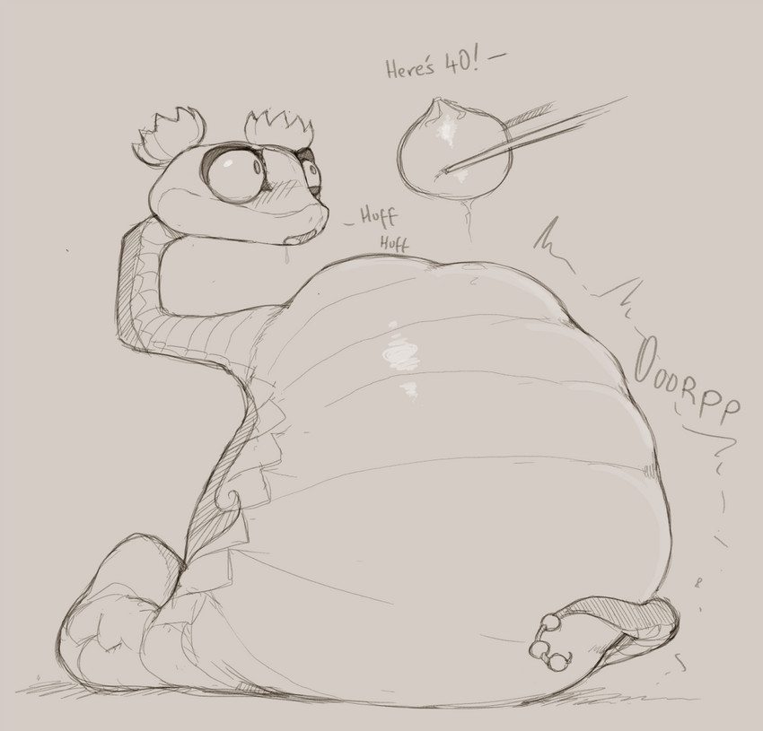 abdominal_bulge belly big_belly bloated feeding female feral food huge_belly hyper hyper_belly legless solo stuffing text susfishous dreamworks kung_fu_panda master_viper reptile scalie snake viper 2020 monochrome