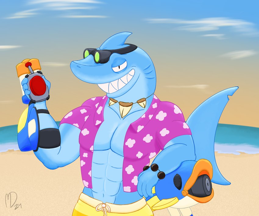 aloha_shirt anthro arm_cannon beach blue_body bottomwear bracelet clothing cloud detailed_background eyewear gills goggles jewelry male no_sclera outside pants pattern_clothing pattern_shirt pattern_topwear pink_clothing pink_shirt pink_topwear pupils shark_tail shark_tooth_necklace sharp_teeth shirt slit_pupils smile smiling_at_viewer solo sunset swimming_trunks swimwear teeth topwear toy toy_gun yellow_bottomwear yellow_clothing yellow_pants monodreams bio_exo_arena_suit_team finn_(bio_exo_arena_suit_team) fish marine shark 2024 hi_res signature