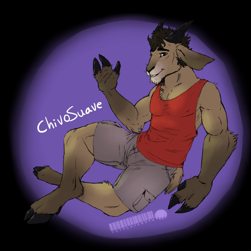 anthro bottomwear brown_hair clothed clothing cloven_hooves fingers fully_clothed gesture hair hooved_fingers hooves horn looking_at_viewer male muscular muscular_anthro muscular_male shirt shorts sitting smile solo tank_top topwear waving petplayer976 bovid caprine goat mammal 1:1 hi_res