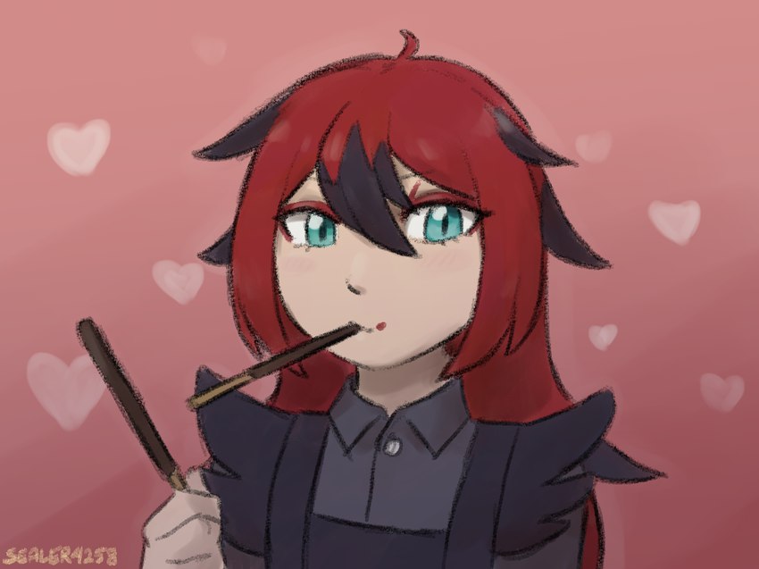 black_hair blue_eyes clothed clothing disguise dress female food hair heart_symbol human_only illusion looking_at_viewer not_furry offering_food overalls pocky_in_mouth pupils red_hair slit_pupils smile solo sealer4258 nintendo pocky pokemon human mammal