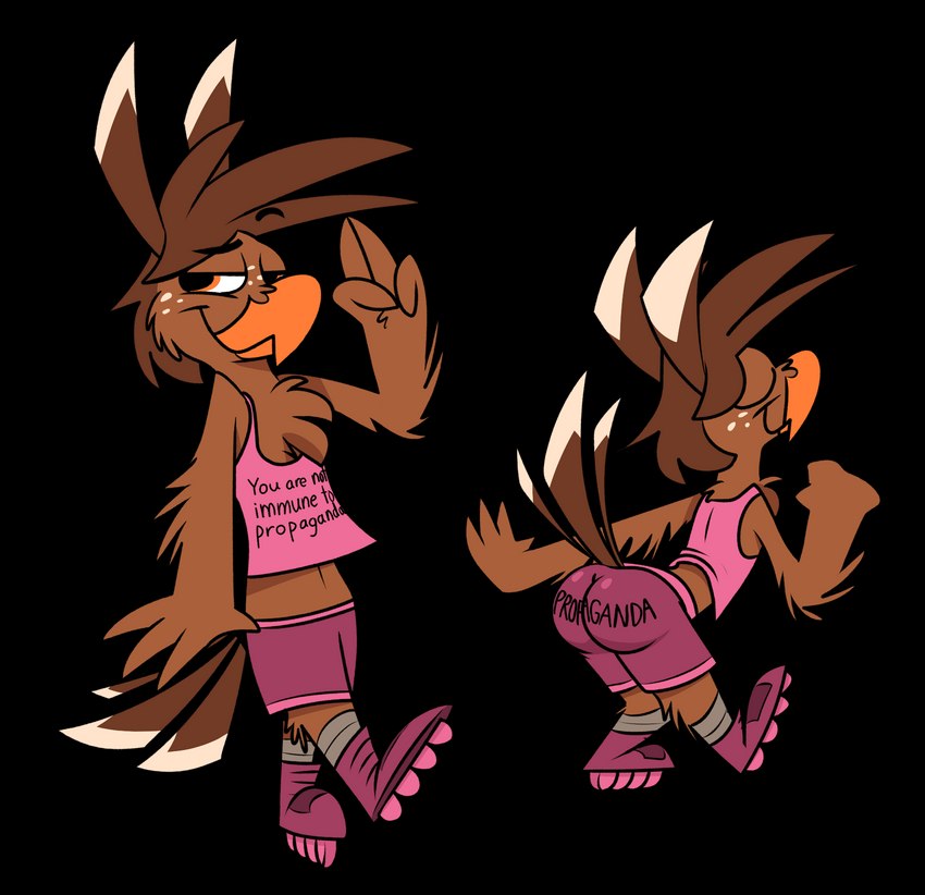 anthro beak bottomwear brown_body brown_feathers butt cheek_tuft chest_tuft clothing facial_tuft feather_hair feather_hands feathered_wings feathers femboy freckles front_and_back inline_skates lidded_eyes male orange_eyes pink_clothing pseudo_hair roller_skates seductive shirt shorts simple_background smile solo suggestive suggestive_bottomwear suggestive_topwear tail tail_feathers tank_top text text_on_bottomwear text_on_clothing text_on_shirt text_on_shorts text_on_topwear topwear transparent_background tuft wings piemations you_are_not_immune_to_propaganda pretzel_(piemations) avian bird 2019 alpha_channel english_text hi_res meme