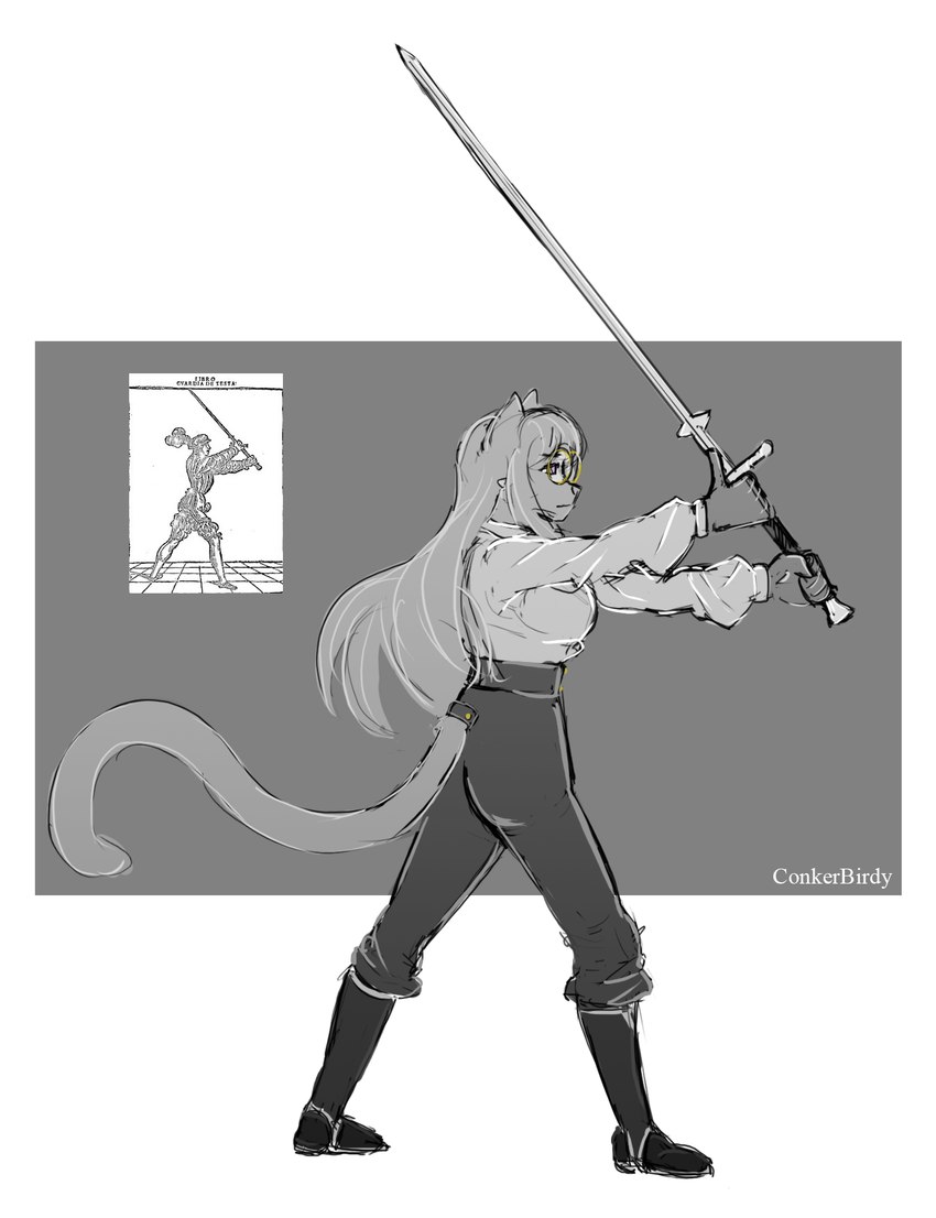 boots clothing eyewear female footwear fur glasses greatsword grey_body grey_fur hema historical melee_weapon shoes solo spadone sword weapon conkerbirdy belladonna_(conkerbirdy) domestic_cat felid feline felis mammal hi_res