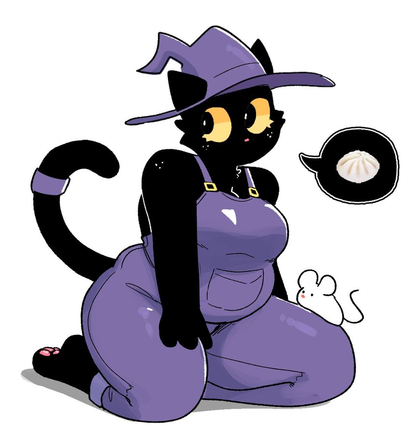 anthro big_eyes black_body black_ears black_face black_fur black_tail breasts cleavage clothed clothing female front_view fur hat headgear headwear kneeling looking_aside overalls overweight overweight_anthro overweight_female pawpads pink_nose pink_pawpads purple_clothing purple_hat purple_headwear purple_overalls simple_background slightly_chubby slightly_chubby_anthro slightly_chubby_female solo tail thick_thighs white_background witch_hat yellow_sclera conditional_dnp sonokido ventura_city_drifters cosma_scamper_evans domestic_cat familiar felid feline felis mammal mouse murid murine rodent 2023 hi_res