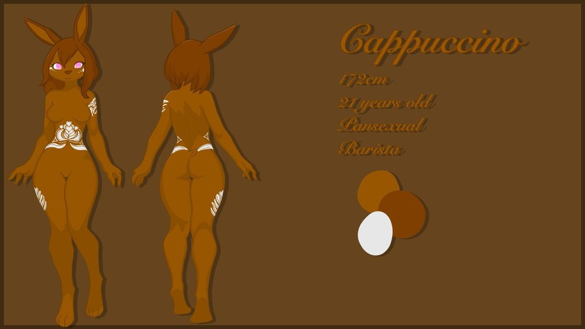 anthro arm_tattoo belly_tattoo breasts brown_body brown_ears brown_fur brown_hair brown_nose female fur fur_markings hair leg_tattoo markings medium_breasts nude pink_eyes solo tall_ears tan_body tan_fur tattoo text thick_thighs thekitsuyt cappuccino_(thekitsuyt) lagomorph leporid mammal rabbit 16:9 hi_res model_sheet widescreen