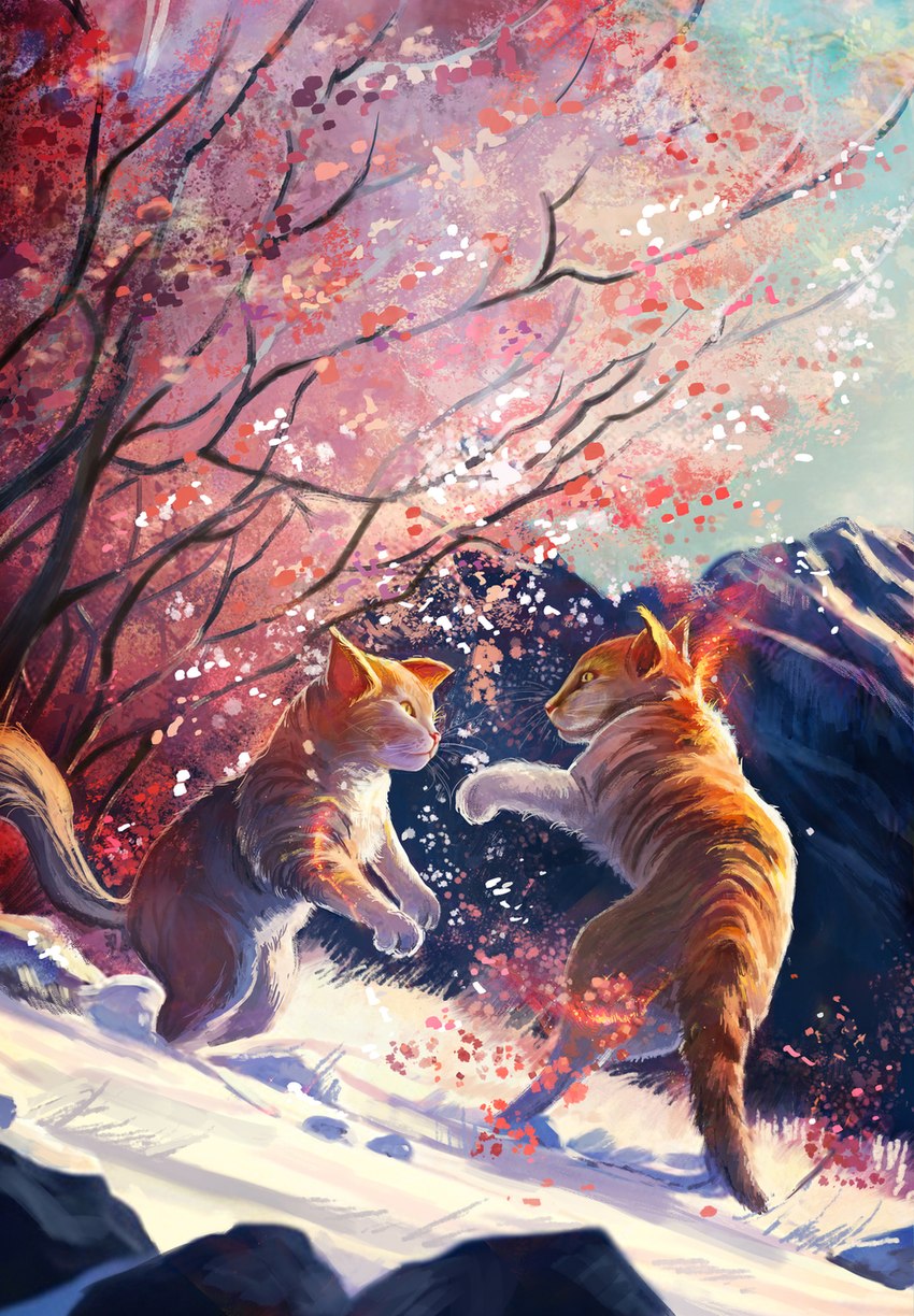 action_pose ambiguous_gender cherry_blossom cherry_blossom_tree cherry_tree day detailed_background duo feral flower forest fruit_tree fur mountain outside paws plant pose prunus_(flower) striped_body striped_fur stripes tail tree itskrolja domestic_cat felid feline felis mammal 2023 digital_media_(artwork) hi_res