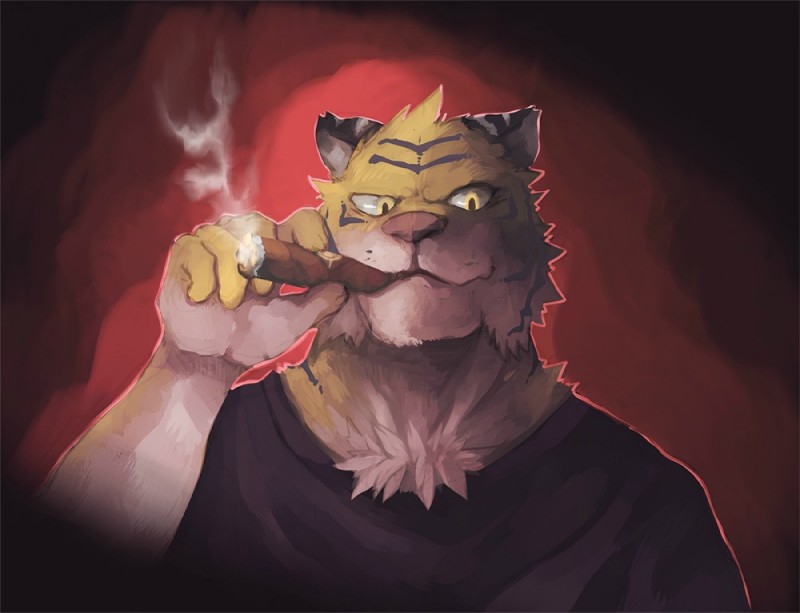 5_fingers anthro cigar clothed clothing fingers male solo stripes tuft yellow_eyes lowerkuo felid mammal pantherine tiger 2014