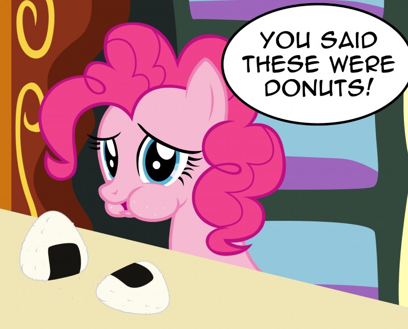 blue_eyes dialogue female food onigiri rice riceball solo text badumsquish friendship_is_magic hasbro my_little_pony pinkie_pie_(mlp) equid equine horse mammal pony english_text hi_res