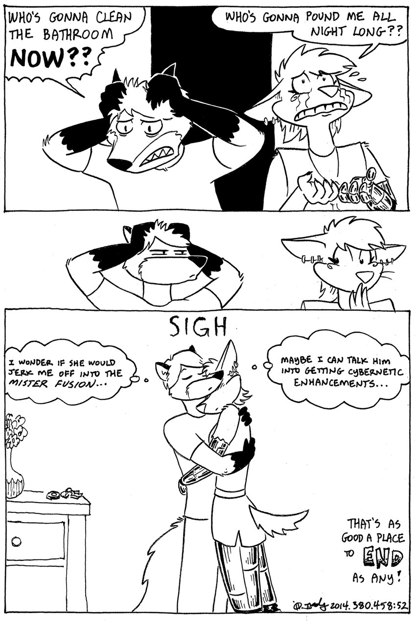 anthro bodily_fluids clothed clothing crying cybernetics duo ear_piercing ear_ring female fur gloves_(marking) hair hug machine male male/female markings piercing ring_piercing tears text whiskers tegerio liz_(tegerio) roland_guiscard canid canine canis cyborg fox jackal mammal 2014 comic english_text hi_res monochrome