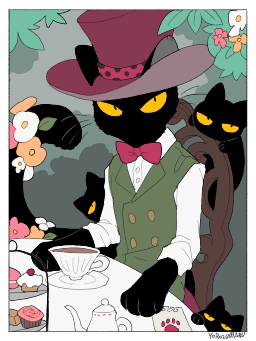 ambiguous_gender anthro black_body clothed clothing container cup cupcake flower food group hat headgear headwear plant tail tea_cup whiskers yellow_eyes yorozumaru urushi_(yorozumaru) domestic_cat felid feline felis mammal 2022 hi_res