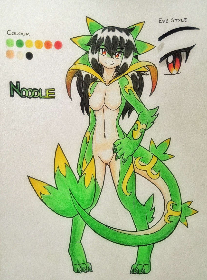 anthro biped black_hair breasts female green_body hair leaf leaf_tail pose red_eyes shadow small_breasts snout solo tail text white_body yellow_body ideltasarc333 nintendo pokemon noodles_(nyxcha) generation_5_pokemon kobold pokemon_(species) reptile scalie servine absurd_res english_text hi_res