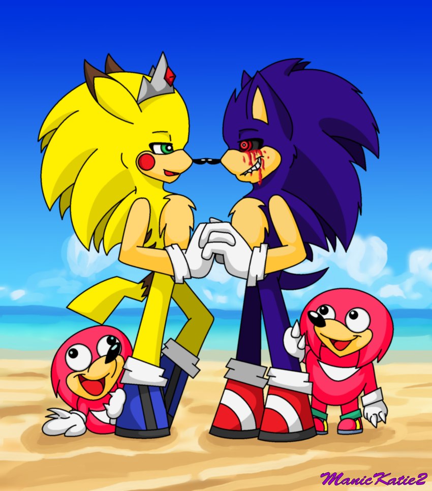 beach black_sclera blood blue_body blue_fur bodily_fluids crown crying_blood fur green_eyes hand_holding headgear male male/male red_body red_eyes red_fur seaside text yellow_body yellow_fur manickatie2 creepypasta nintendo pokemon sonic.exe_(creepypasta) sonichu_(series) ugandan_knuckles sonic.exe sonichu_(character) echidna eulipotyphlan generation_1_pokemon hedgehog hybrid mammal monotreme pikachu pokemon_(species) english_text hi_res meme