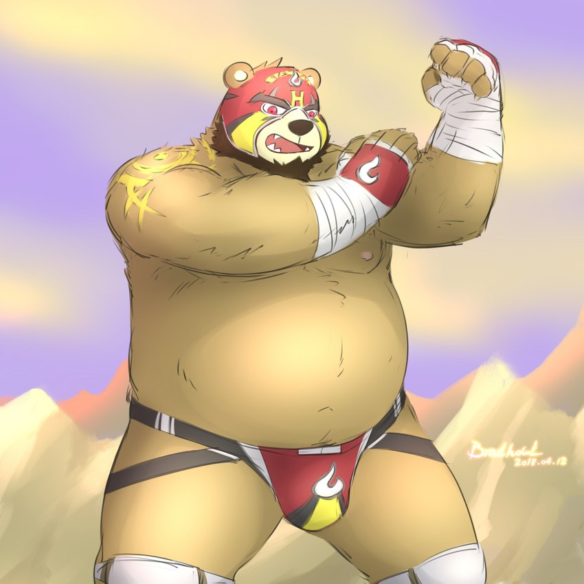 anthro beard belly big_belly brown_body brown_nose bulge clothing facial_hair humanoid_hands jockstrap kemono male mask moobs mountain nipples outside overweight overweight_male solo underwear wrestler mtflying30371 bear mammal 1:1 2018 hi_res