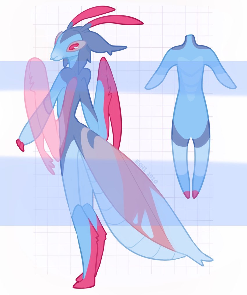 ambiguous_gender anthro biped blue_body mandibles no_pupils pattern_background pink_body red_eyes simple_background solo corzh77 arthropod 2020 dated hi_res model_sheet signature