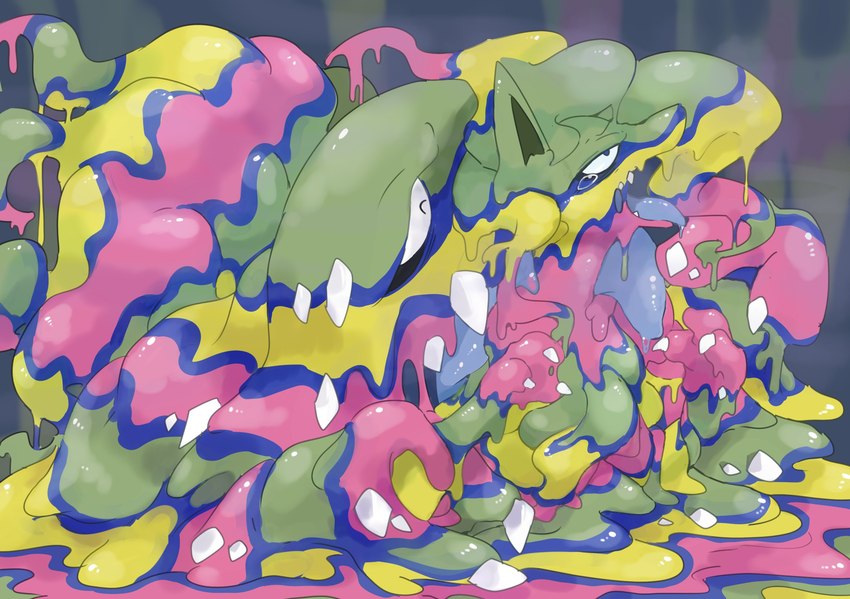 ambiguous_gender duo feral goo-connected_lips goo_transformation kemono multicolored_body open_mouth simple_background transformation winte nintendo pokemon alolan_form alolan_muk alolan_ninetales generation_7_pokemon goo_creature hybrid pokemon_(species) regional_form_(pokemon) colorful_theme hi_res