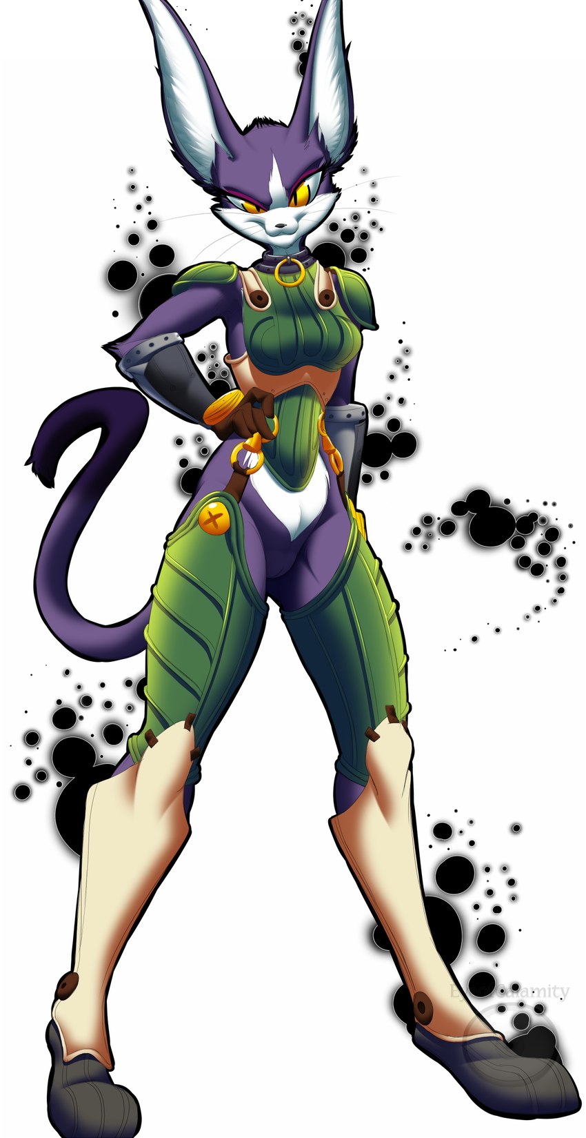 anthro armor big_ears breasts clothing crotchless_clothing female gauntlets genitals gloves green_clothing handwear long_ears pubic_mound pupils purple_body pussy slim slit_pupils small_breasts small_waist solo yellow_eyes eyeofcalamity .hack cyberconnect2 mia_(.hack) felid mammal 2018 absurd_res hi_res