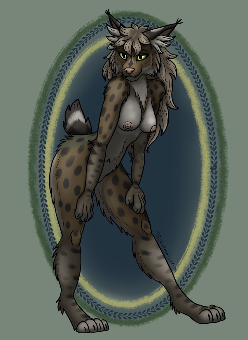 anthro breasts brown_body brown_fur cheek_tuft facial_tuft female fur green_body green_eyes green_fur hair long_hair markings navel nipples pose short_tail solo spots spotted_body spotted_fur tail tuft tufted_ears thehatredburrito bobcat felid feline lynx mammal absurd_res hi_res pinup