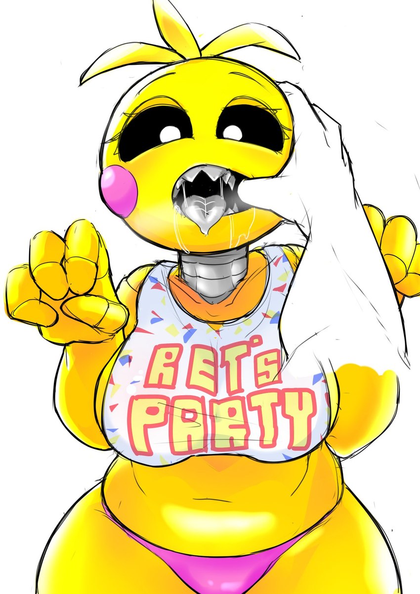 anthro bib big_breasts black_eyes bodily_fluids breasts clothing fangs female first_person_view fish_hooking hand_in_mouth looking_at_viewer machine panties saliva solo teeth text tongue tongue_out underwear yellow_body sarumoji five_nights_at_freddy's five_nights_at_freddy's_2 scottgames toy_chica_(fnaf) animatronic avian bird chicken galliform gallus_(genus) phasianid robot 2022 digital_media_(artwork) hi_res