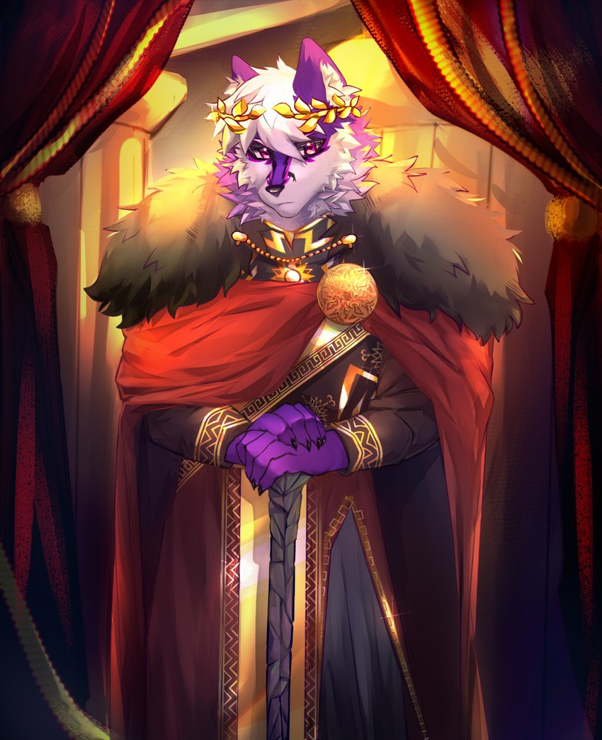 anthro bioluminescence black_clothing black_robe cape clothed clothing crown curtains front_view fully_clothed glowing gold_(metal) gold_jewelry hair headgear jewelry looking_at_viewer male purple_body purple_eyes red_cape red_clothing robe roman roman_empire serious serious_face solo staff standing white_hair meneo voyde_(vocitus40000) canid canine fox mammal hi_res