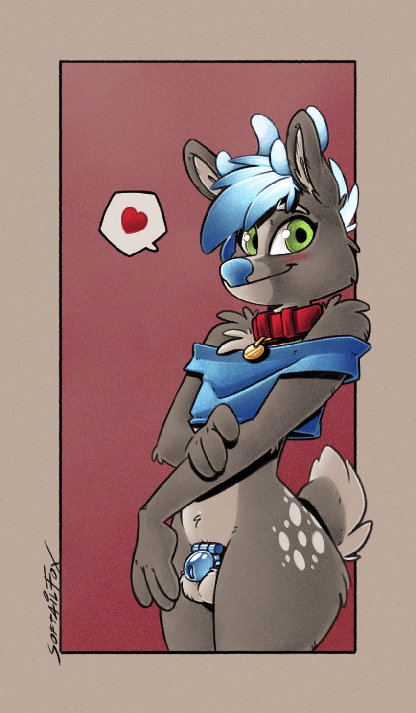 accessory ambiguous_gender anthro antlers balls blue_antlers blue_chastity_cage blue_clothing blue_crop_top blue_hair blue_nose blue_shirt blue_topwear blushing_at_viewer chastity_cage chastity_device clothing collar collar_tag crop_top flaccid fur fur_markings genitals gold_(metal) gold_jewelry green_eyes hair hands_in_front head_hair horn humanoid_genitalia jewelry looking_at_viewer markings monochrome_body nub_chastity_cage nude penis penis_accessory penis_jewelry red_collar shirt shy simple_background simple_color simple_coloring simple_colors small_penis smile smiling_at_viewer speech_bubble tail tail_tuft topwear tuft softailfox deer mammal black_and_white comic digital_drawing_(artwork) digital_media_(artwork) hi_res monochrome shaded simple_shading