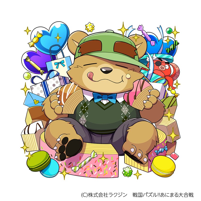 anthro biped bottomwear bow_tie candy clothing dessert eating eyes_closed food heart_symbol kemono konpeito shirt shorts sitting slightly_chubby solo sweater sweater_vest tongue tongue_out topwear vest young kinoshita-jiroh sengoku_puzzle saigou_shirou bear mammal 1:1 2023