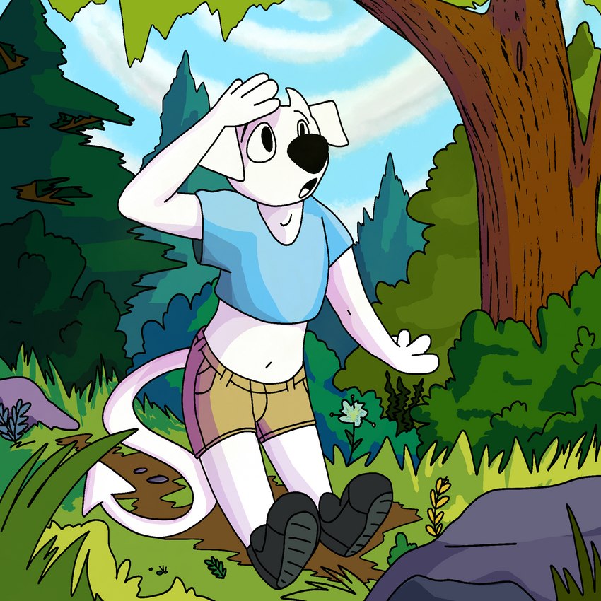 adam's_apple anthro black_clothing black_footwear black_nose black_shoes blue_clothing blue_crop_top blue_shirt blue_sky blue_topwear bottomwear clothed clothing cloud crop_top detailed_background eyebrows floppy_ears flower footwear forest fur grass horn humanoid_hands male male_anthro midriff monotone_body monotone_fur navel open_mouth plant plantigrade rock shirt shorts shrub sky snout solo spade_tail tail tan_bottomwear tan_clothing tan_shorts tongue topwear tree white_body white_fur white_horn white_tongue sebdoggo sebastian_(sebdoggo) canid canine canis demon domestic_dog mammal 1:1 2020 cel_shading digital_drawing_(artwork) digital_media_(artwork) full-length_portrait hi_res portrait procreate_(artwork) shaded trans_(lore) trans_man_(lore)